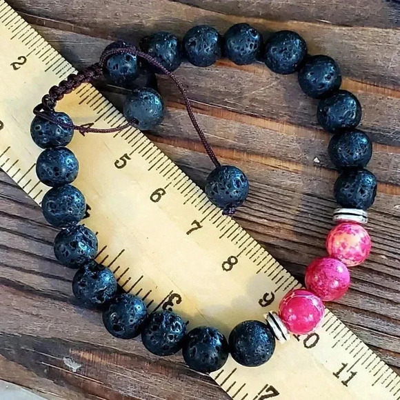 Handcrafted Chakra Bracelet Deep Pink Aqua Terra Jasper Black Lava - Picture 7 of 7